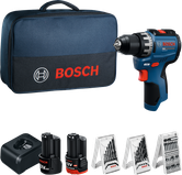 Bosch GSR12V-31 akku-boremaskinesæt med oplader og tilbehør.